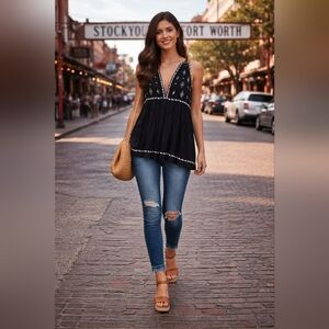 Free People Black Embroidered Sleeveless Blouse